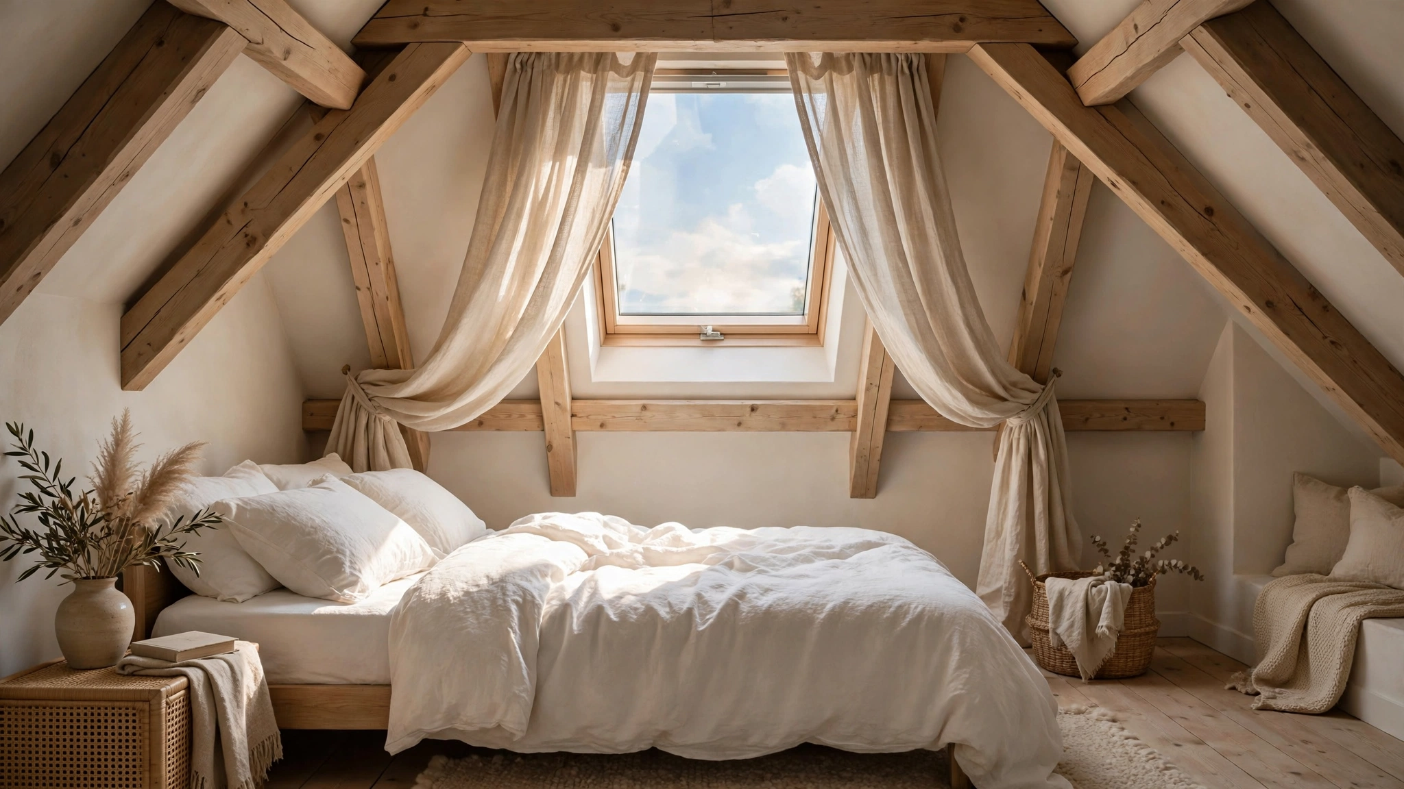 Attic bedroom with a skylight set into the sloped ceiling above the bed