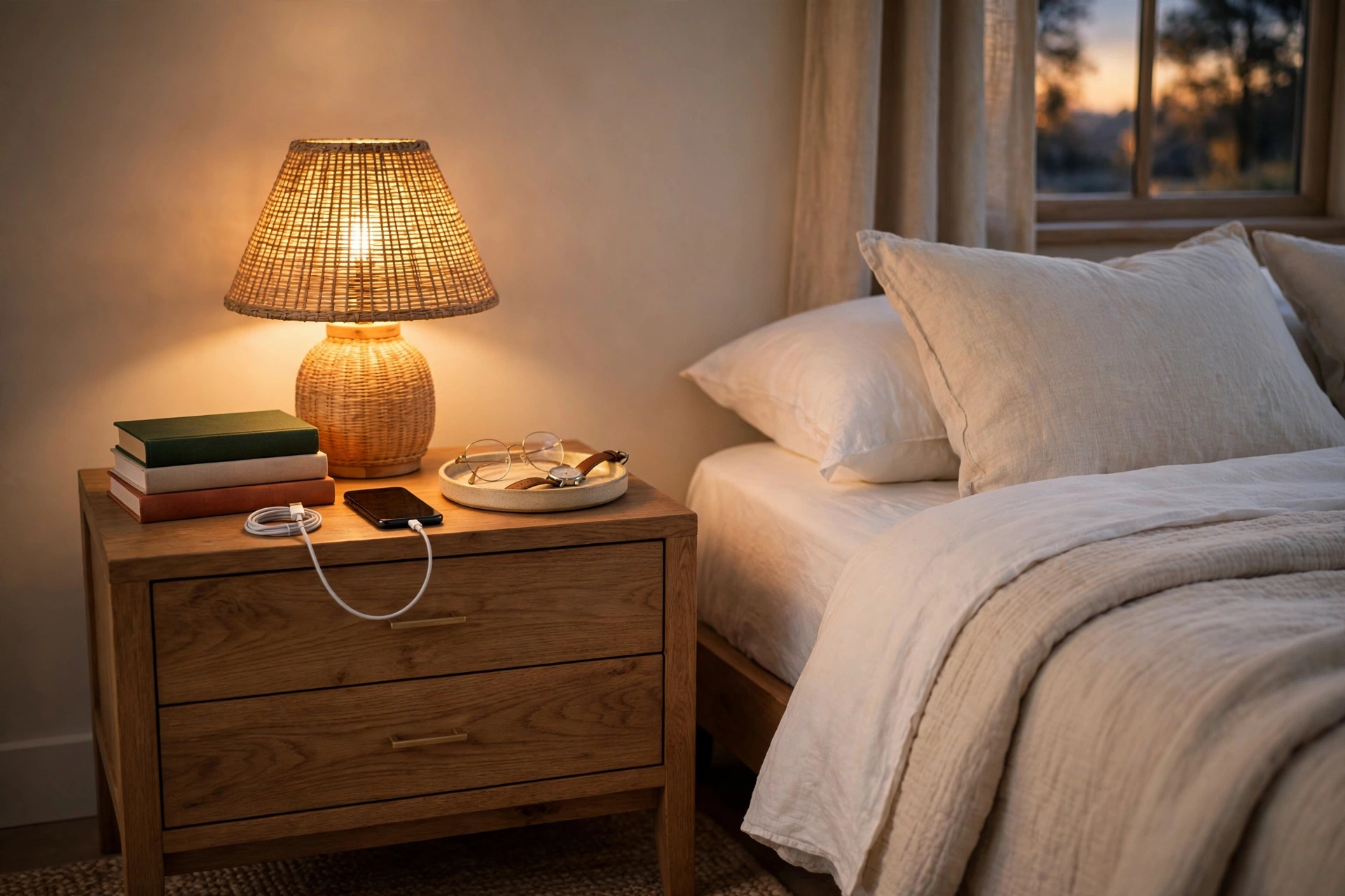 Guest bedroom design ideas with a bedside station of table lamp, books and phone charger