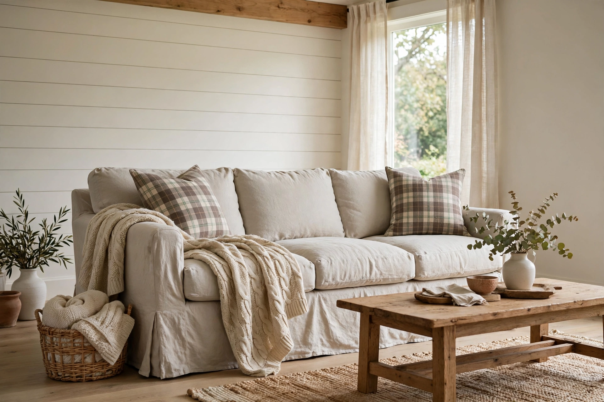 Oatmeal linen slipcovered sofa with plaid pillows and knit throw in farmhouse living room