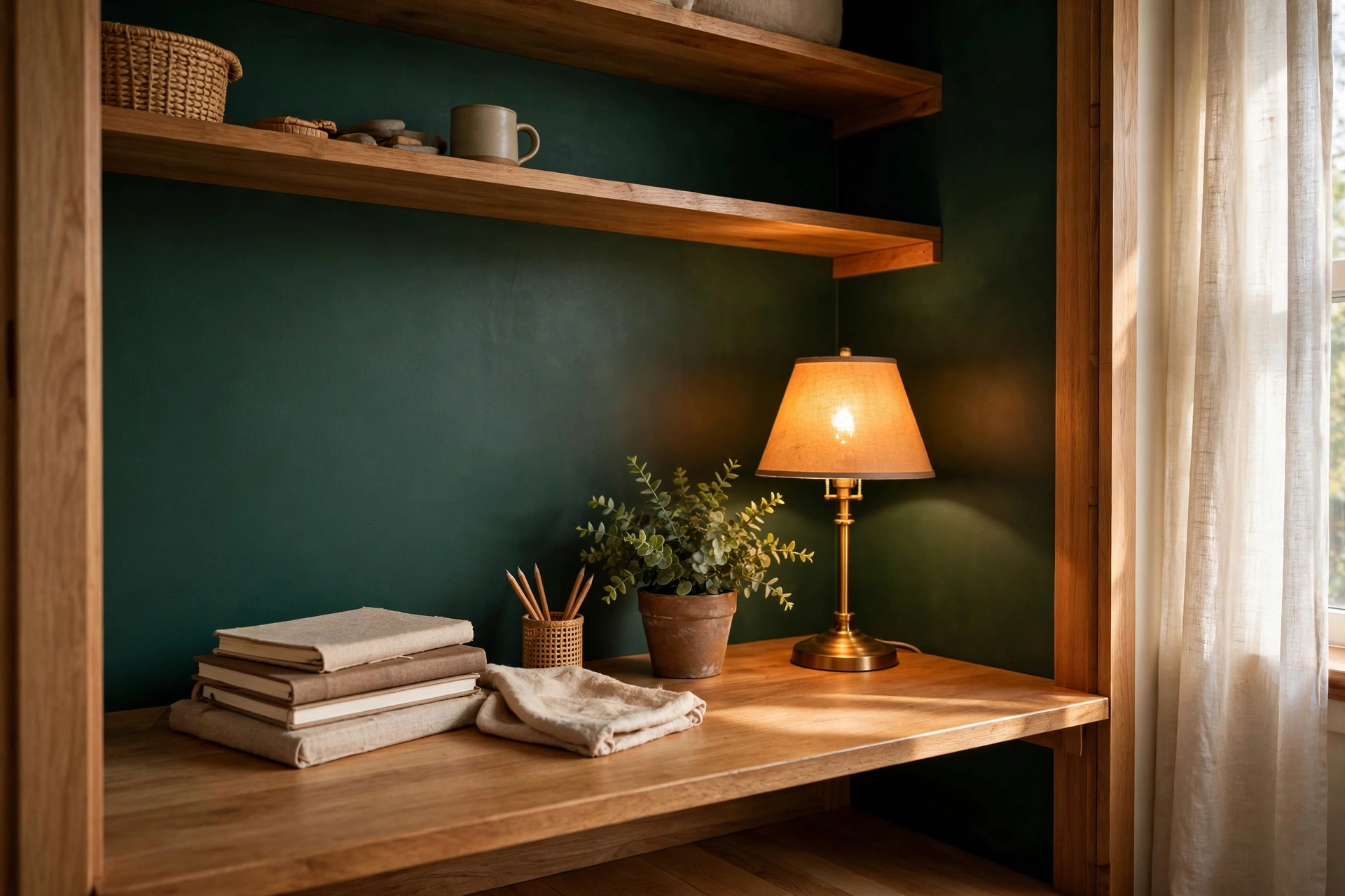 Closet office with deep green painted back wall, styled desk and warm lamp glow