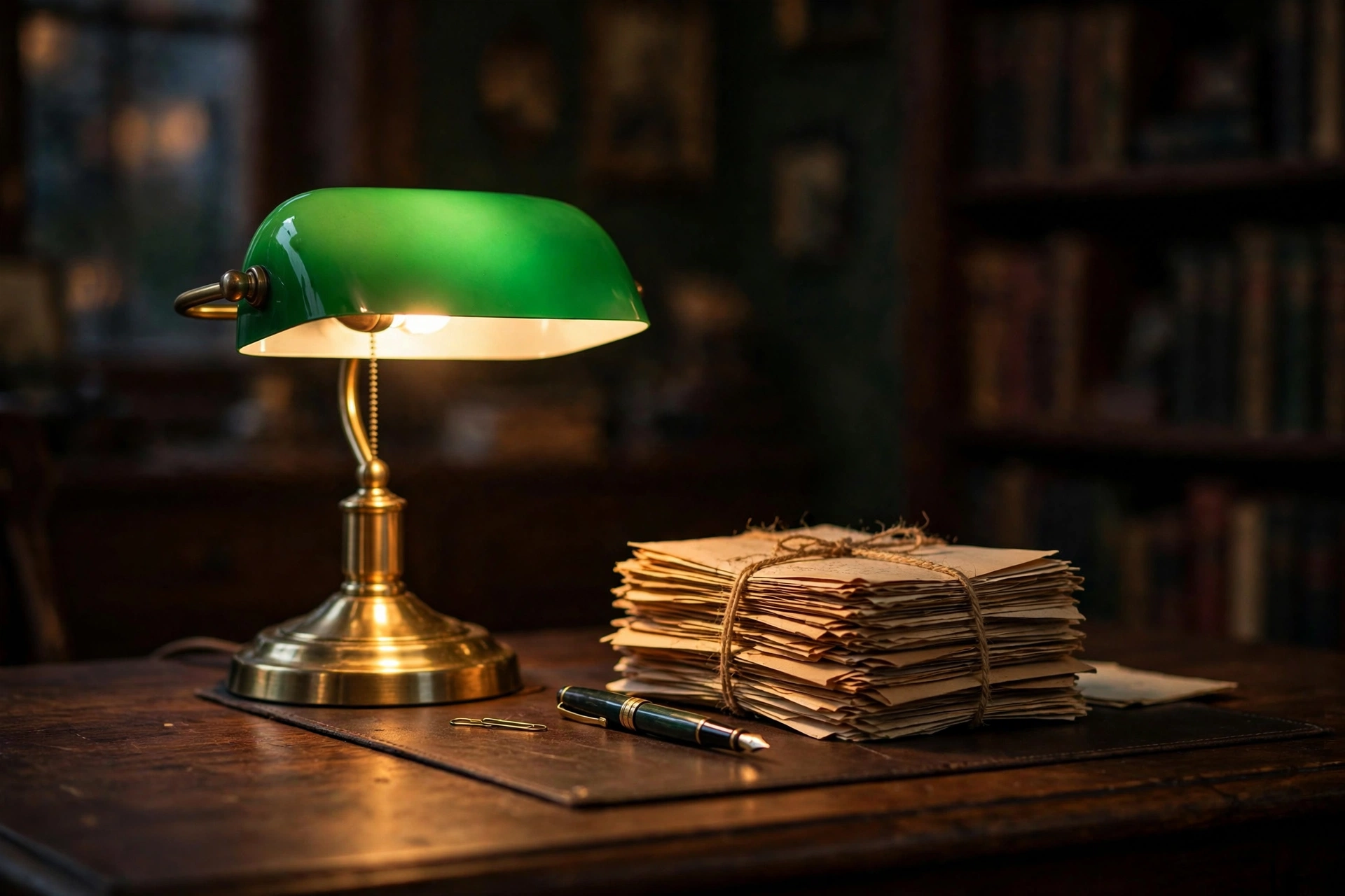 Brass banker's lamp with green glass shade glowing on a vintage home office desk