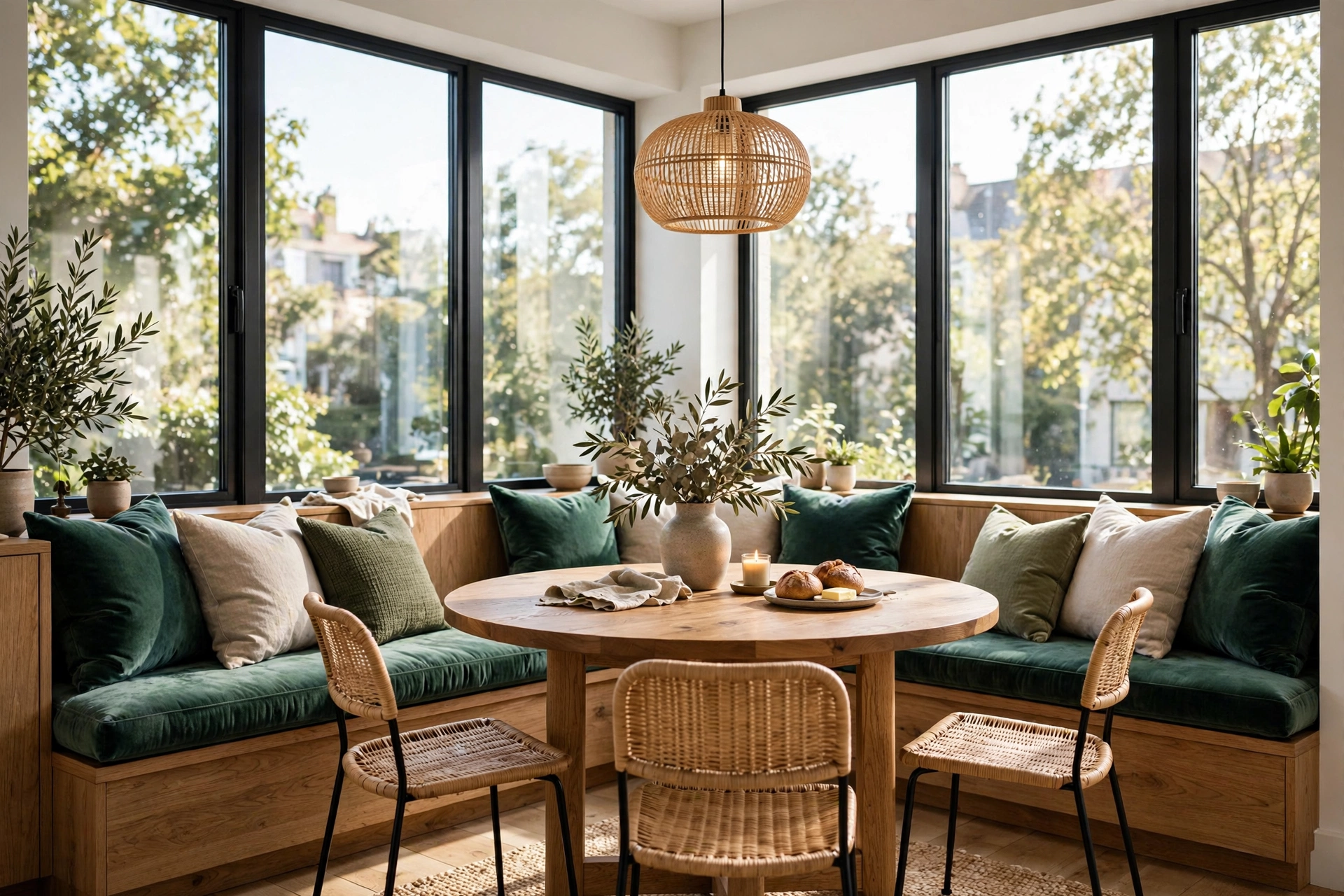 Modern dining nook with built-in banquette seating and a round wood table
