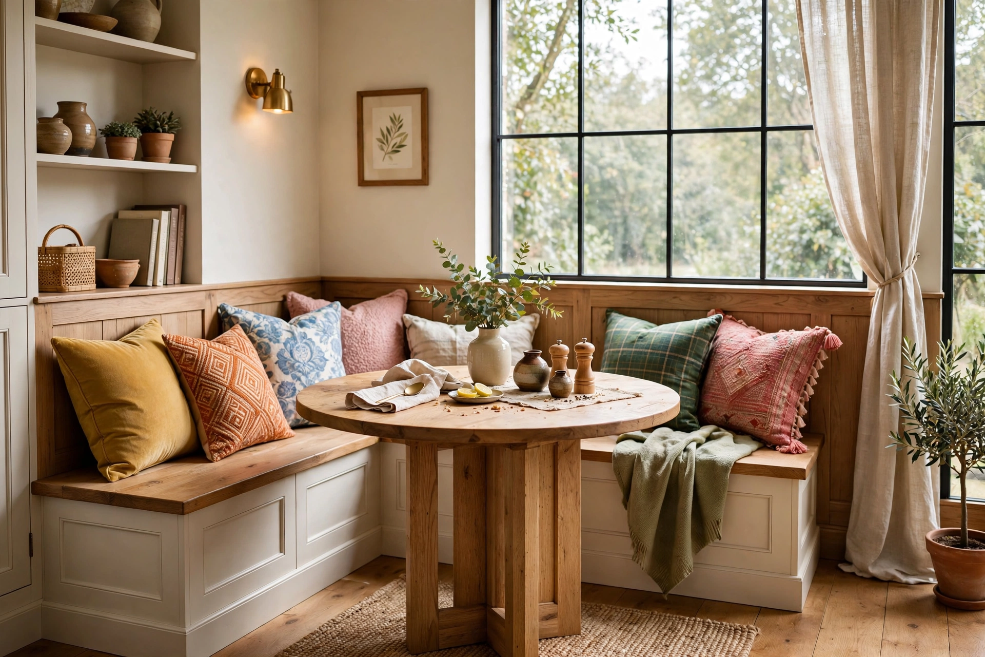 Corner banquette bench seating with round table and cushions in a small dining nook