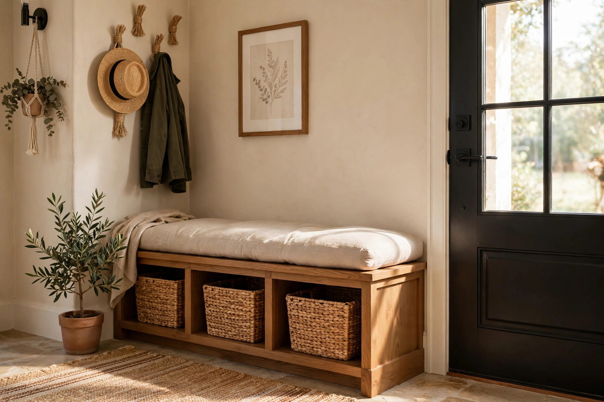 Wooden storage bench with woven baskets in cubbies and a cushion in a cozy entryway