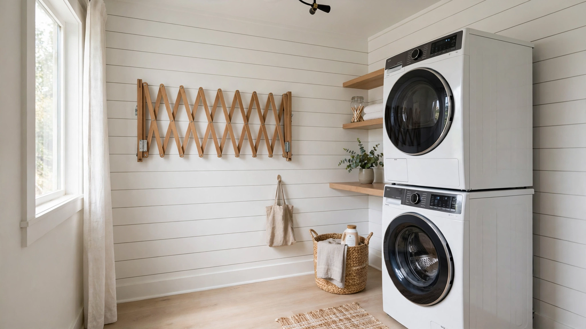 Wall-mounted fold-down wooden drying rack in a small laundry room, shown folded flat against the wall