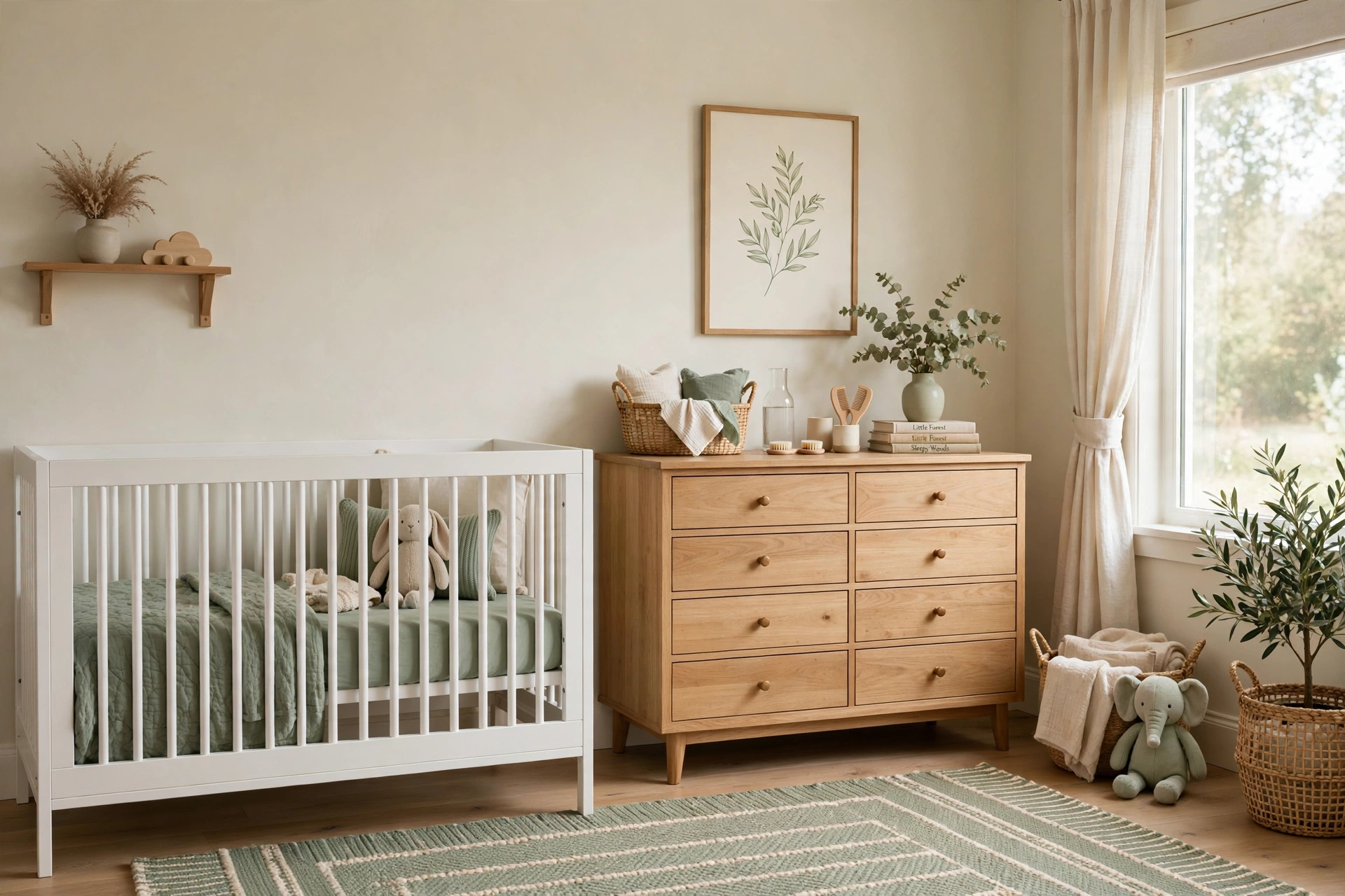 Nursery painted in soft neutral tones with cream walls and sage green accents