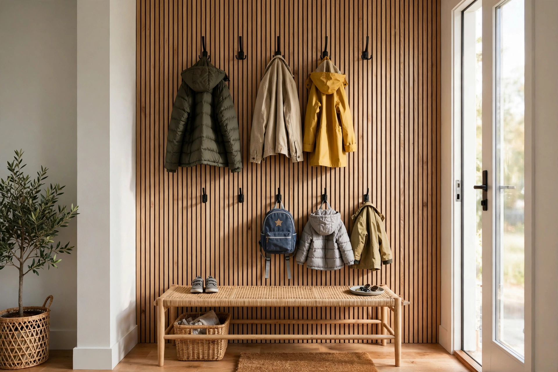 Mudroom design ideas with wall hooks mounted at adult and kid heights for coats and backpacks