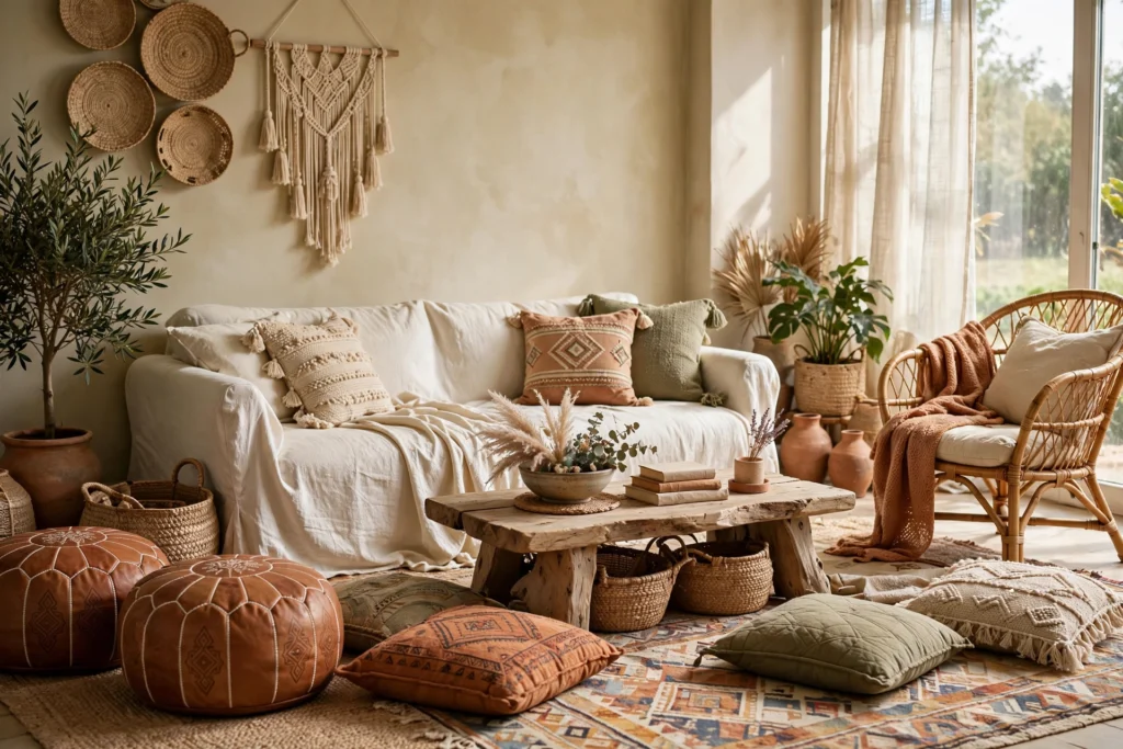 Boho living room design ideas with a low slipcovered sofa, floor poufs and rattan chair