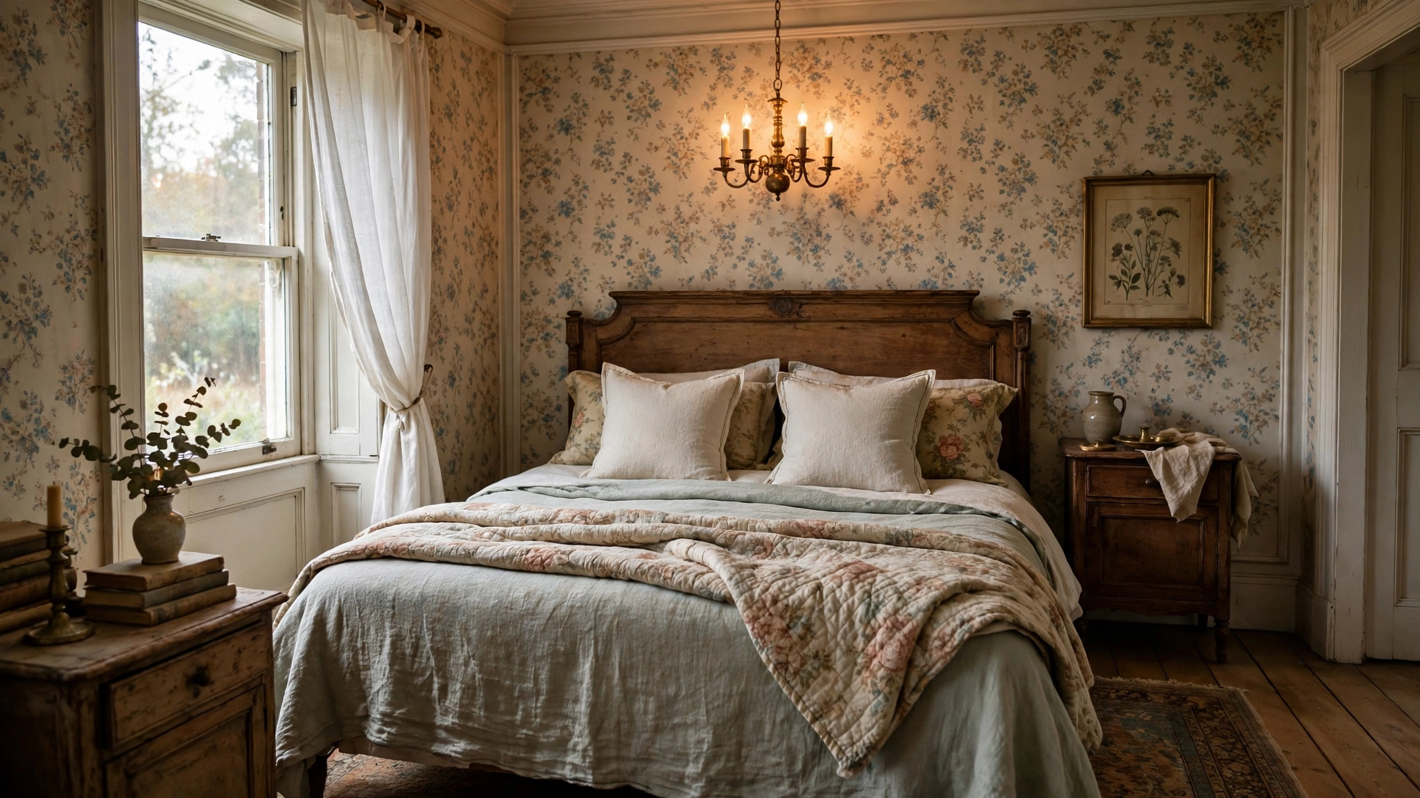Vintage bedroom design ideas with a small brass chandelier glowing above the bed