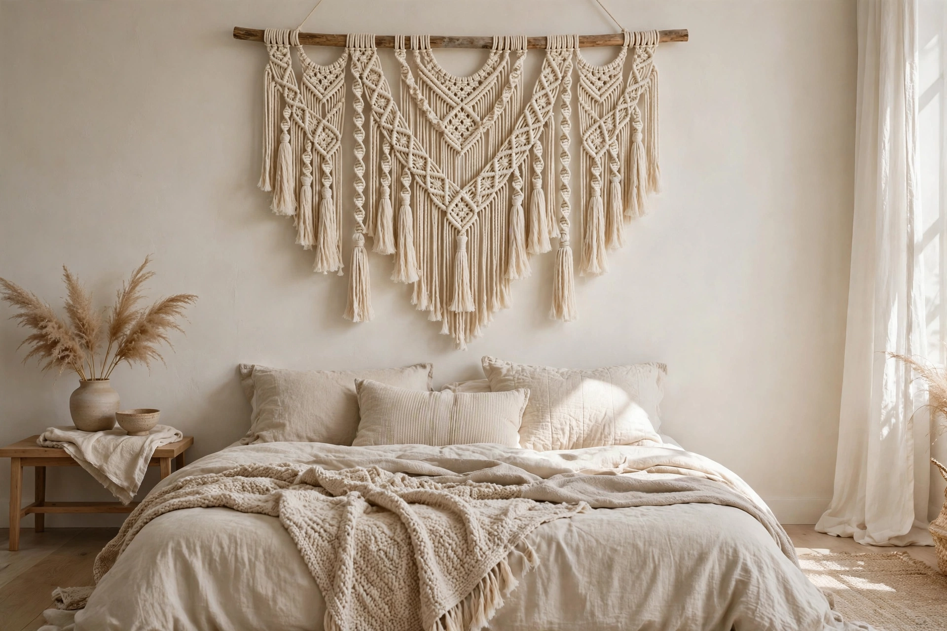 Large handmade macrame wall hanging above a boho bed