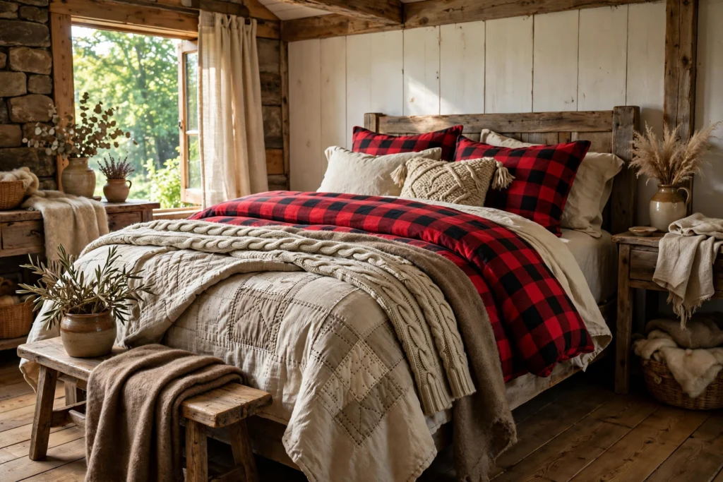 Rustic bedroom design ideas with layered plaid blankets, quilts and wool throws on the bed