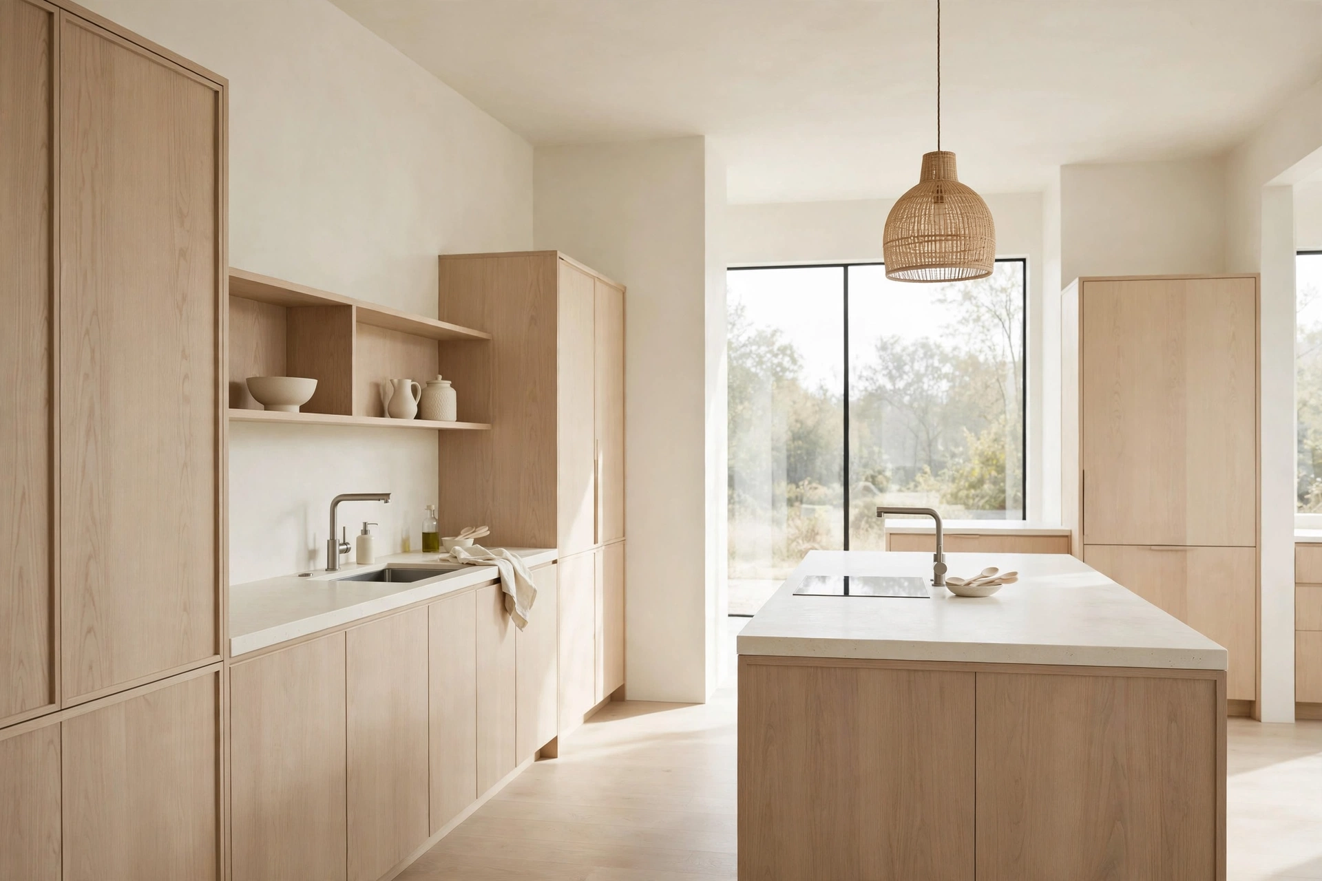 Minimalist kitchen design ideas with a restrained creamy white and pale oak palette