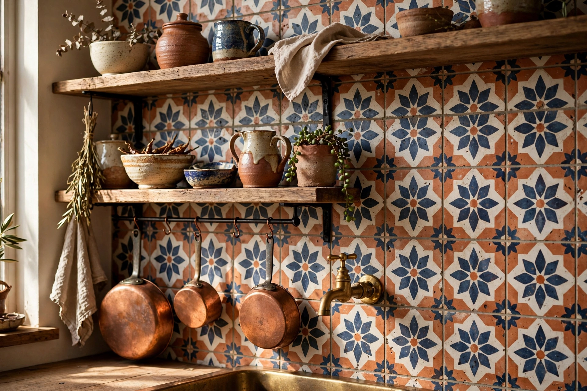 Boho kitchen design ideas with a patterned terracotta and indigo tile backsplash behind open shelves, brass tap and copper pans