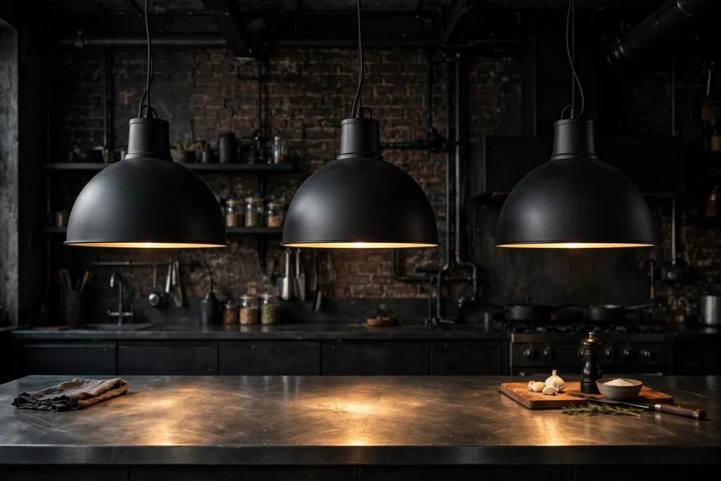 Industrial kitchen design ideas with oversized matte black metal pendant lights hanging over a kitchen island