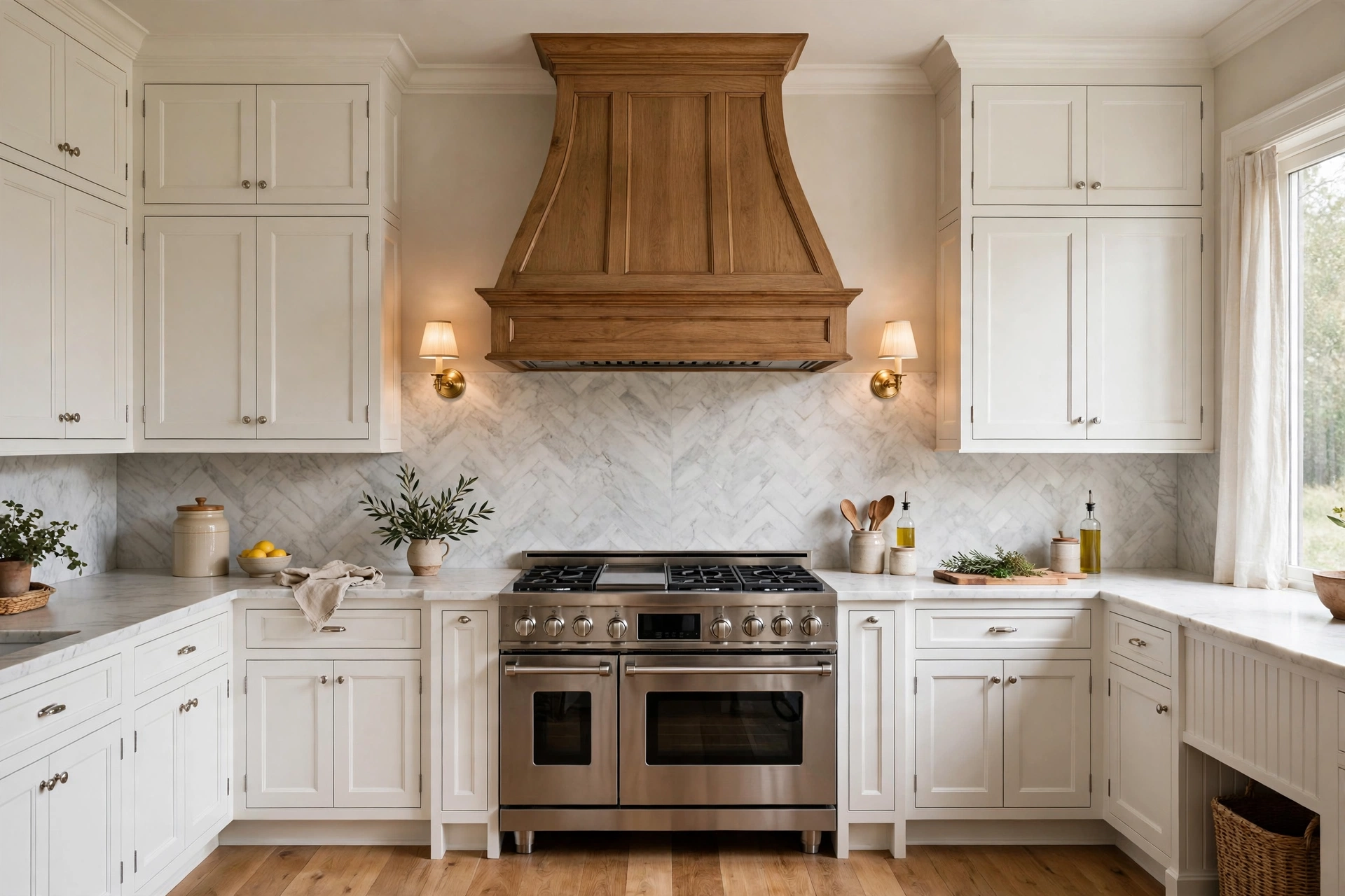 Traditional kitchen design ideas with a chimney-style range hood, mantel trim and flanking wall cabinets