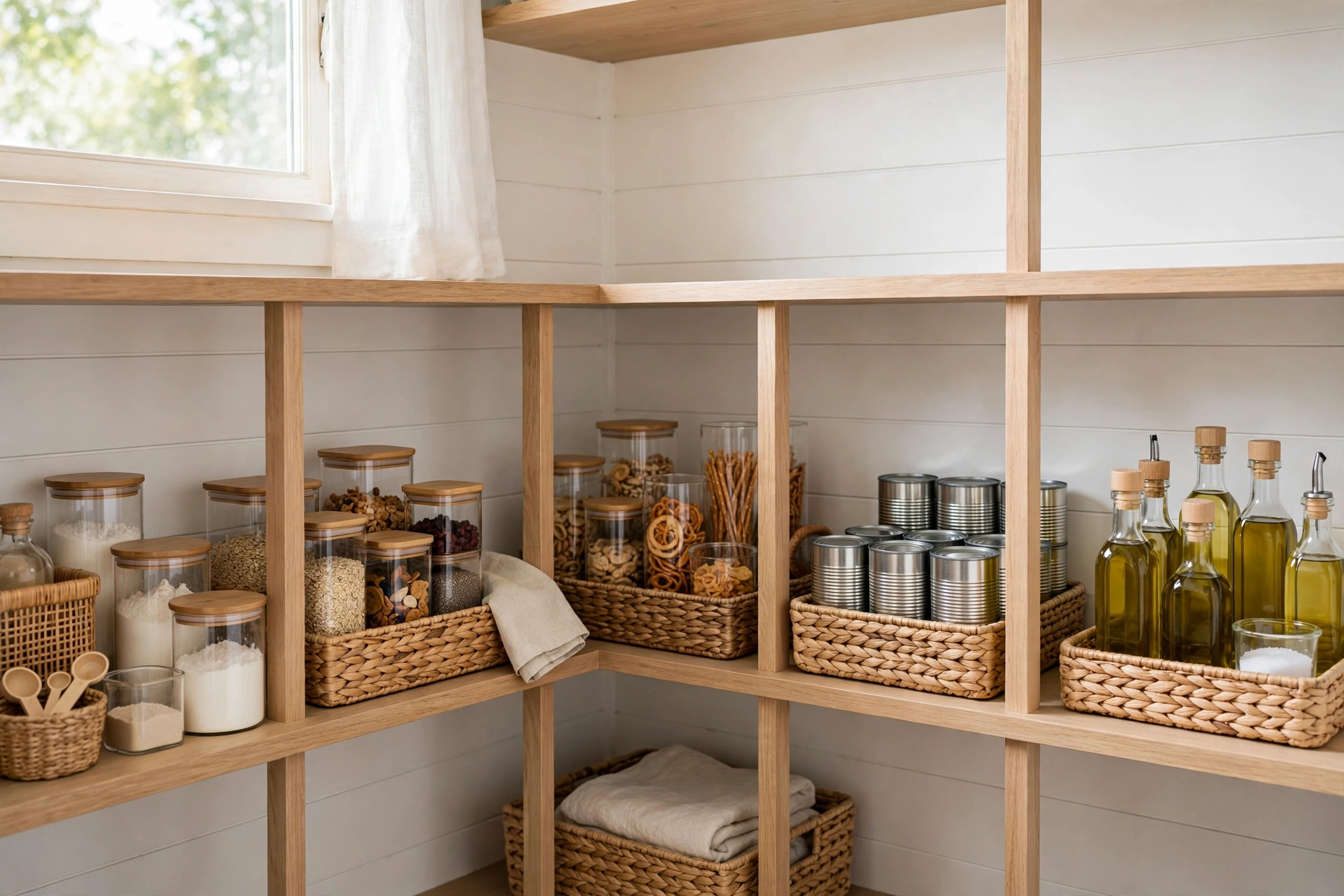 Small pantry shelves organized into labeled zones for baking, snacks, cans and oils