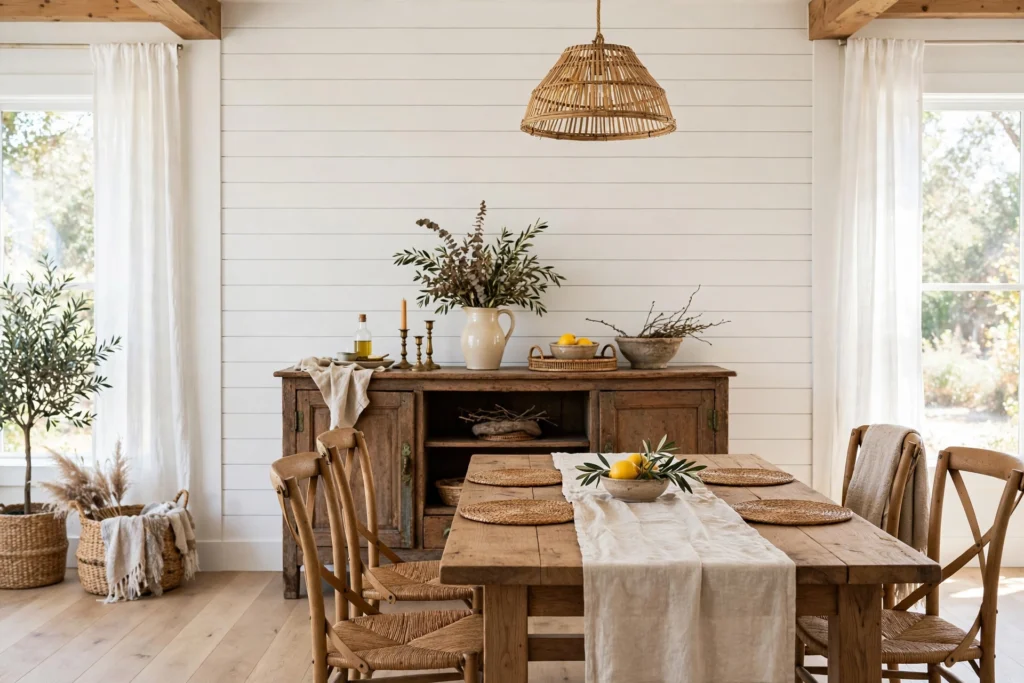 Farmhouse dining room with a white shiplap accent wall behind a vintage sideboard