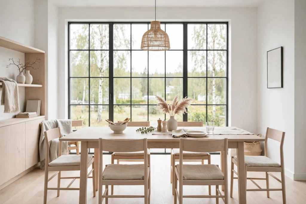 Scandinavian dining room with bright white walls bouncing natural light around pale wood furniture