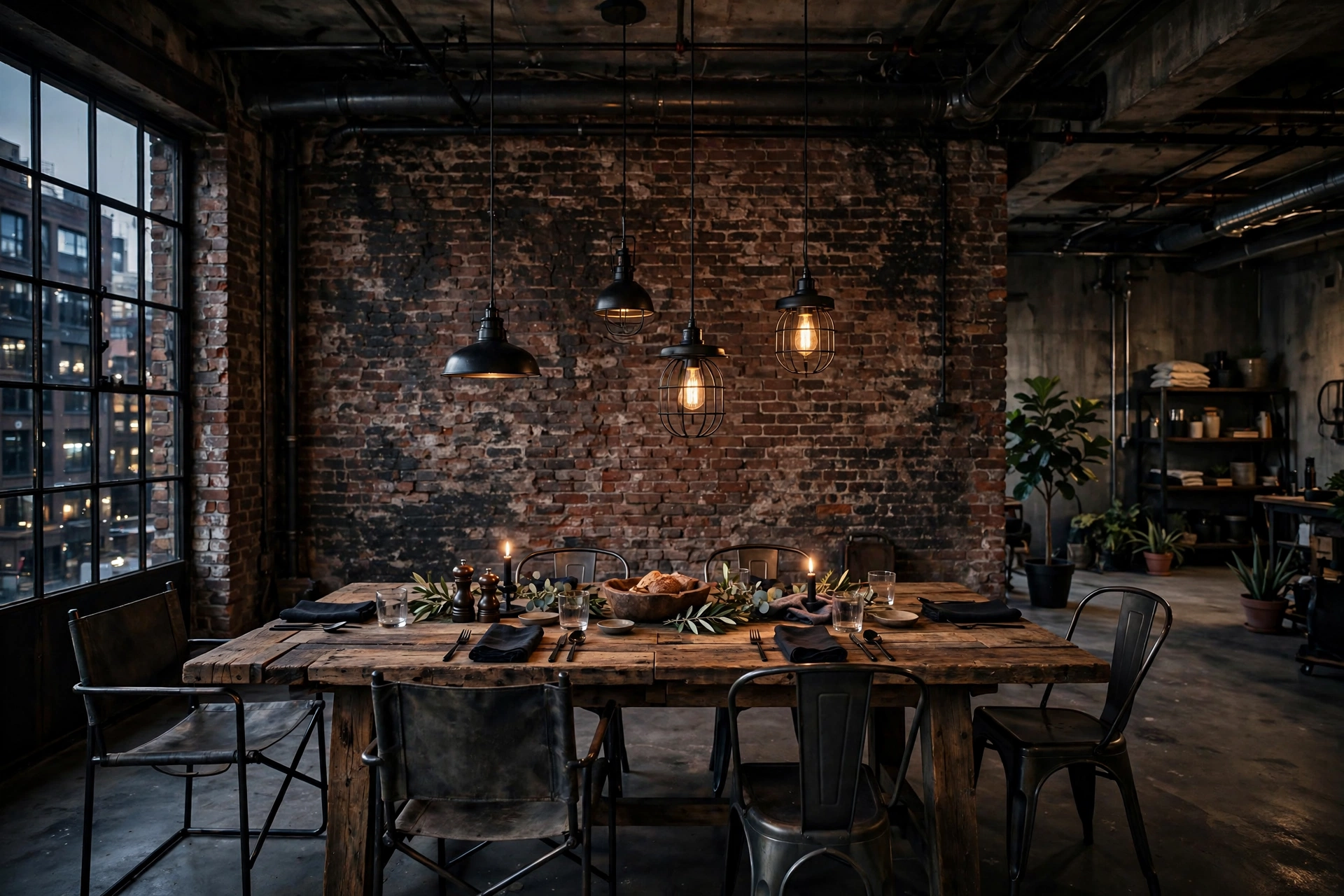 Exposed brick accent wall behind a dining table in an industrial dining room