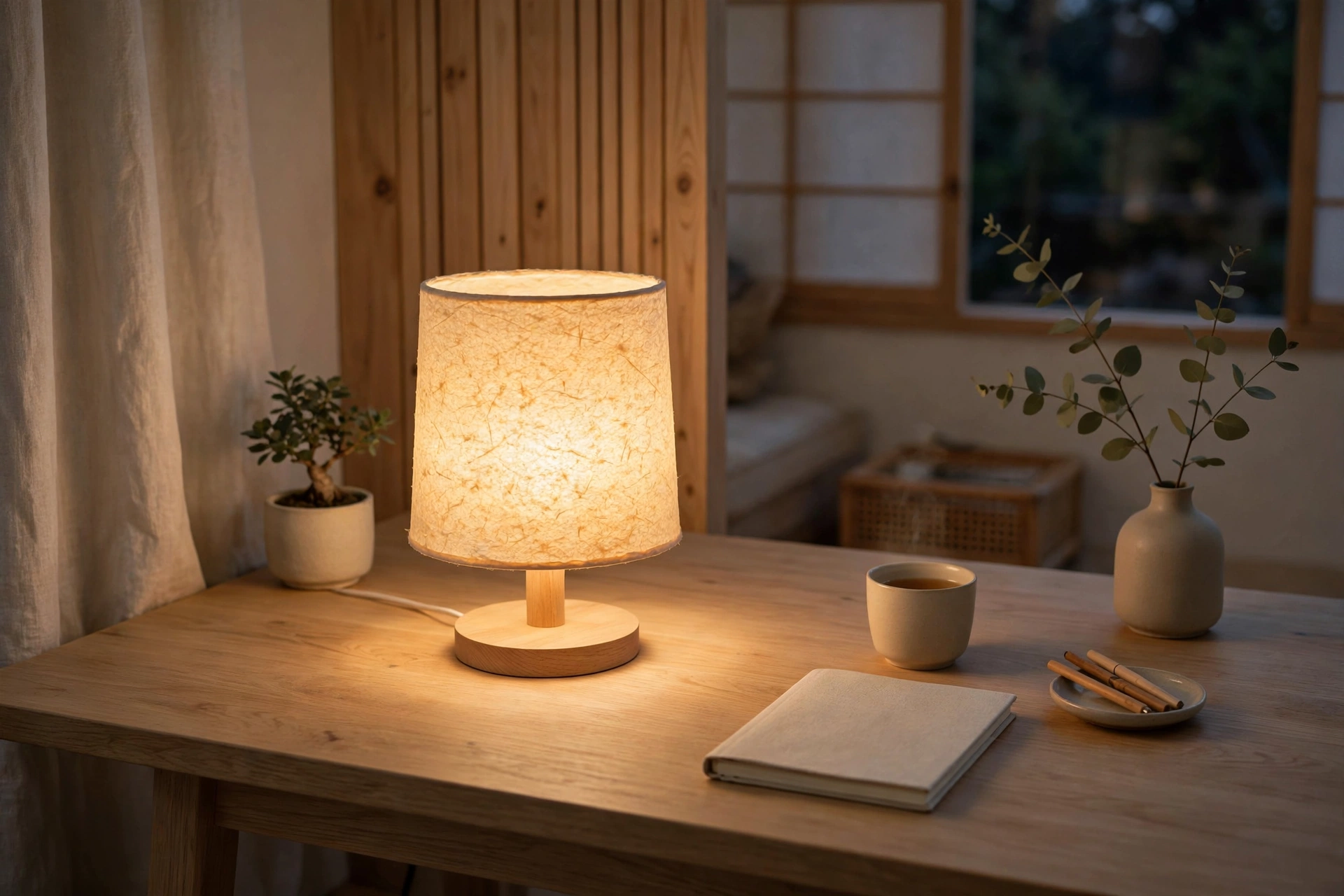 Washi paper desk lamp glowing warmly on a wooden desk in Japandi home office