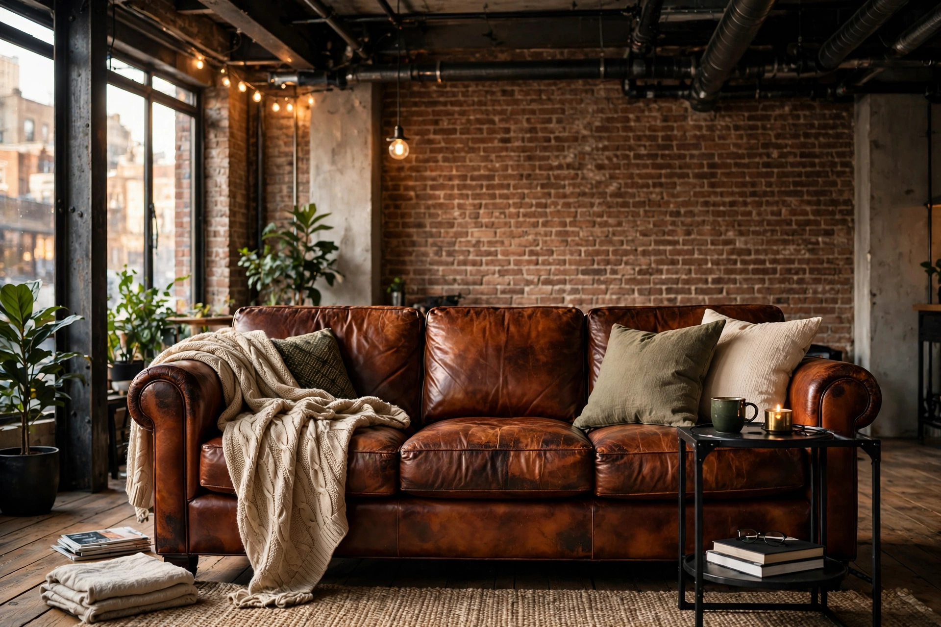 Cognac leather sofa with patina in an industrial living room with brick walls
