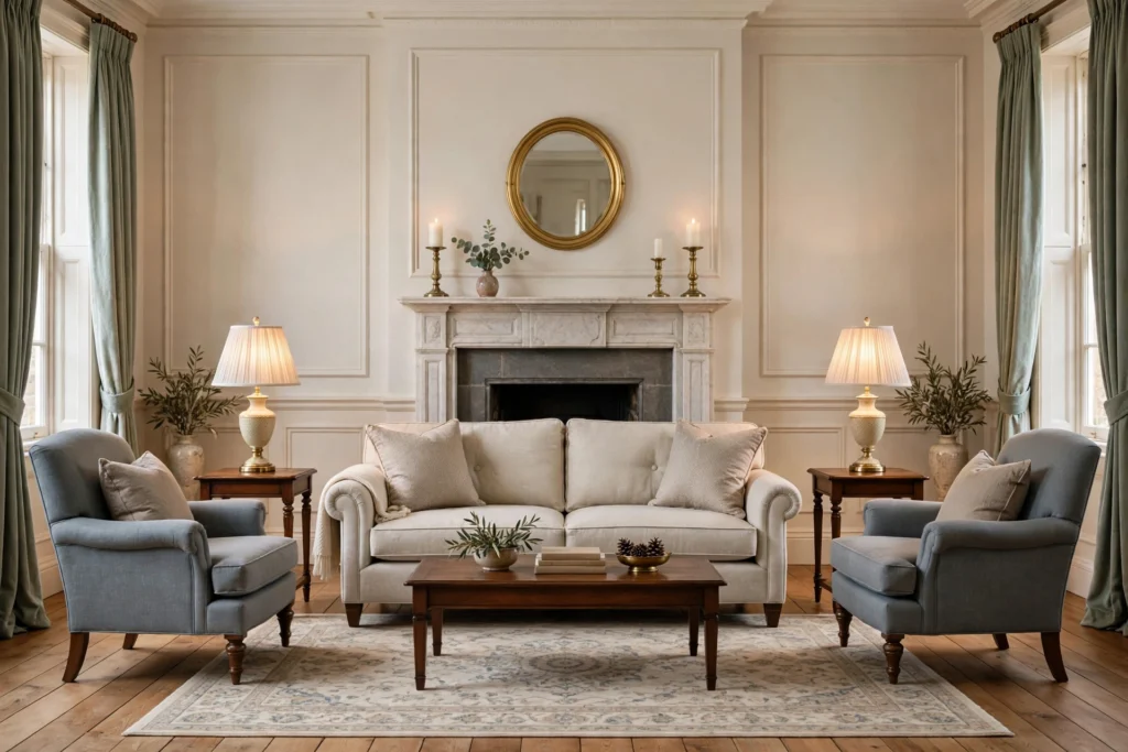 Traditional living room design ideas with a symmetrical layout of matching armchairs and sofa