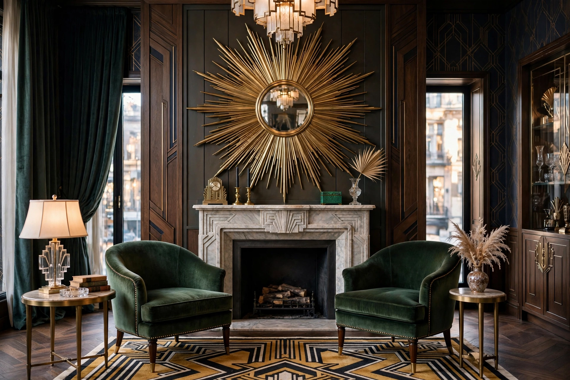 Art deco living room design ideas with a large brass sunburst mirror above the mantel