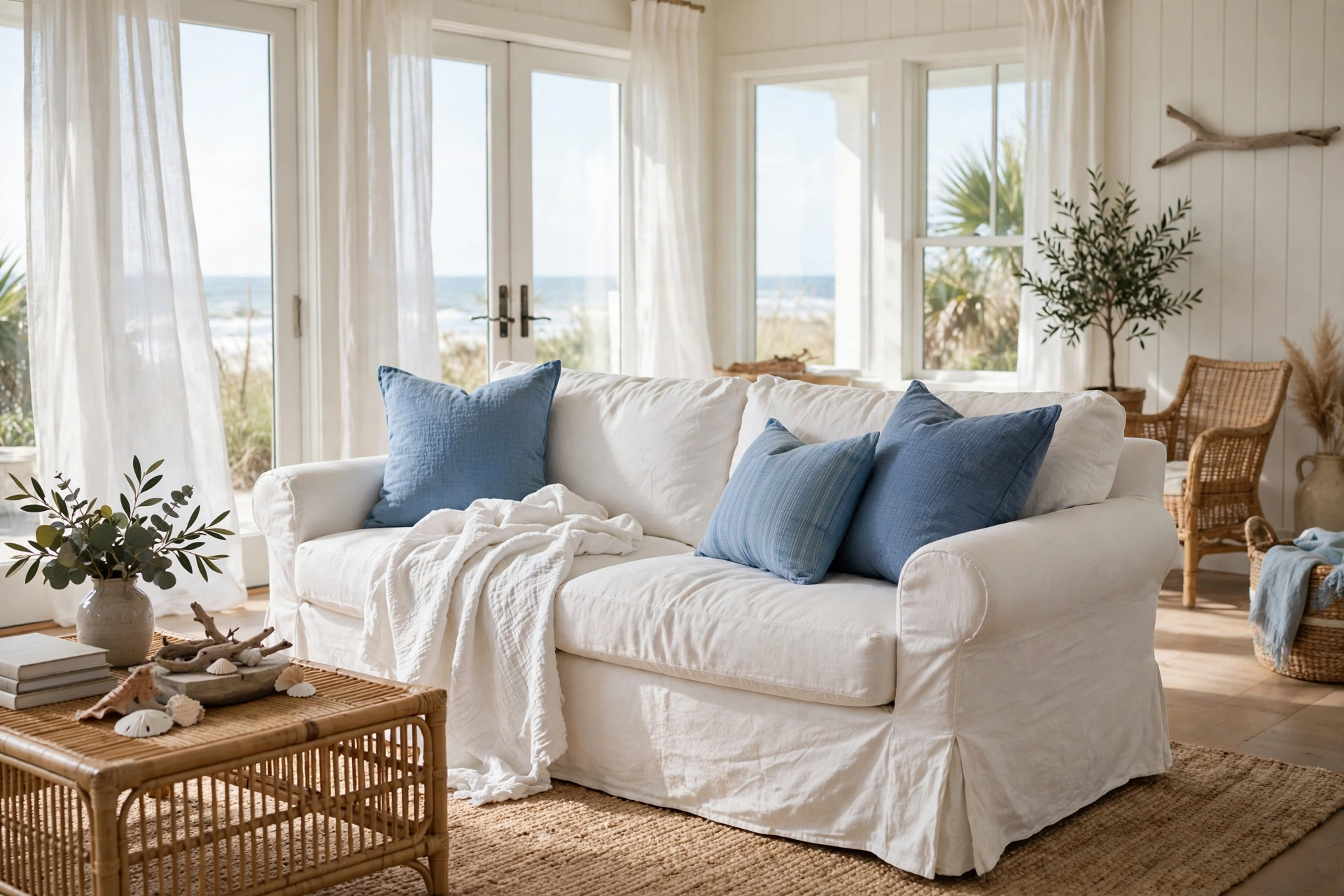 Coastal living room design ideas with a comfortable white slipcovered linen sofa