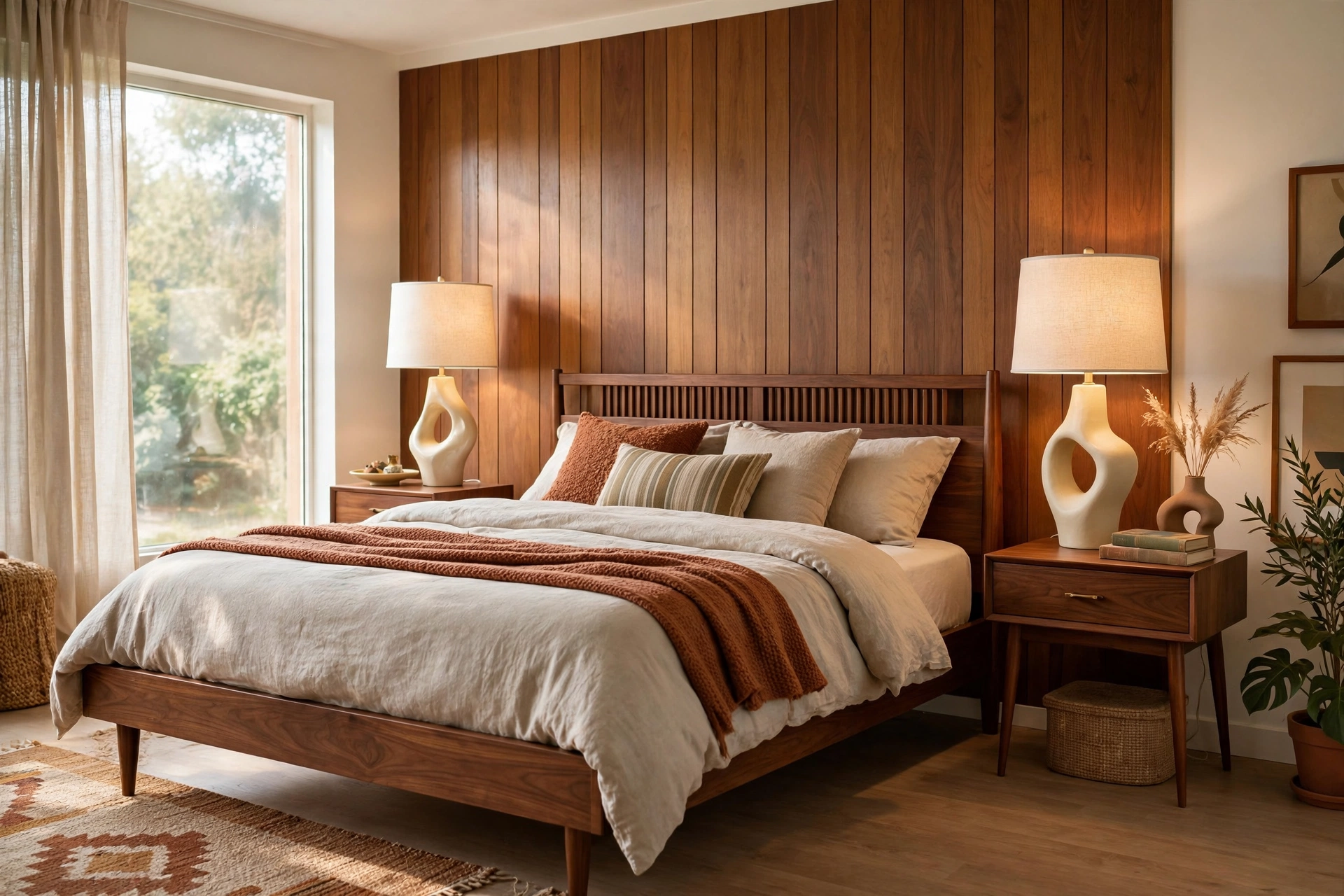 Pair of slim mid-century modern nightstands with tapered legs and sculptural table lamps