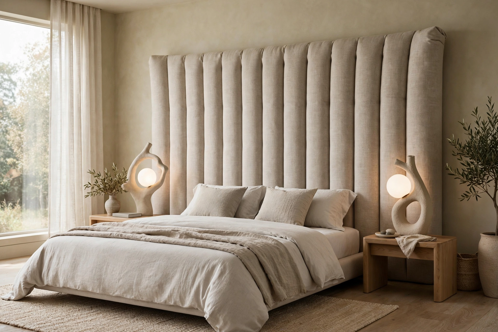 Oversized channel-tufted statement headboard as the focal point of a contemporary bedroom