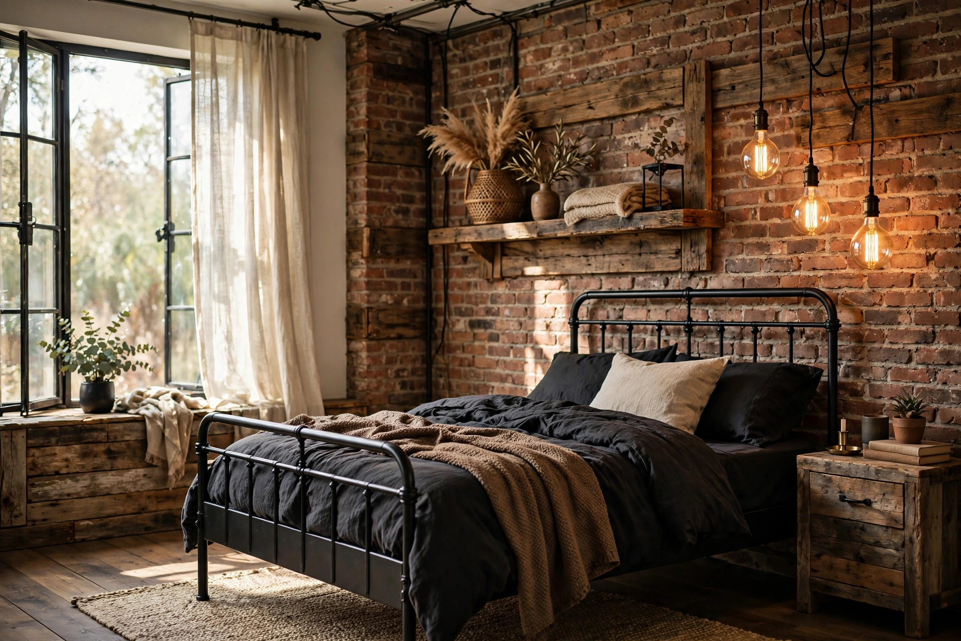 Warm Edison bulb pendant lights with visible filaments hanging beside an industrial bed