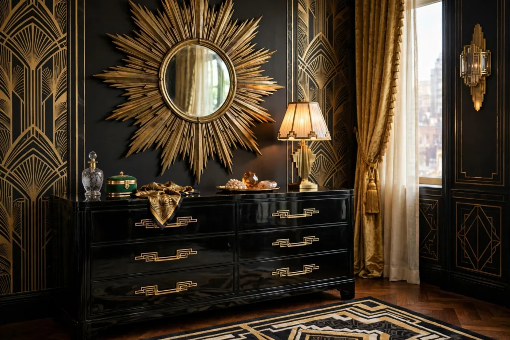 Art deco bedroom design ideas with a large brass sunburst mirror above the dresser