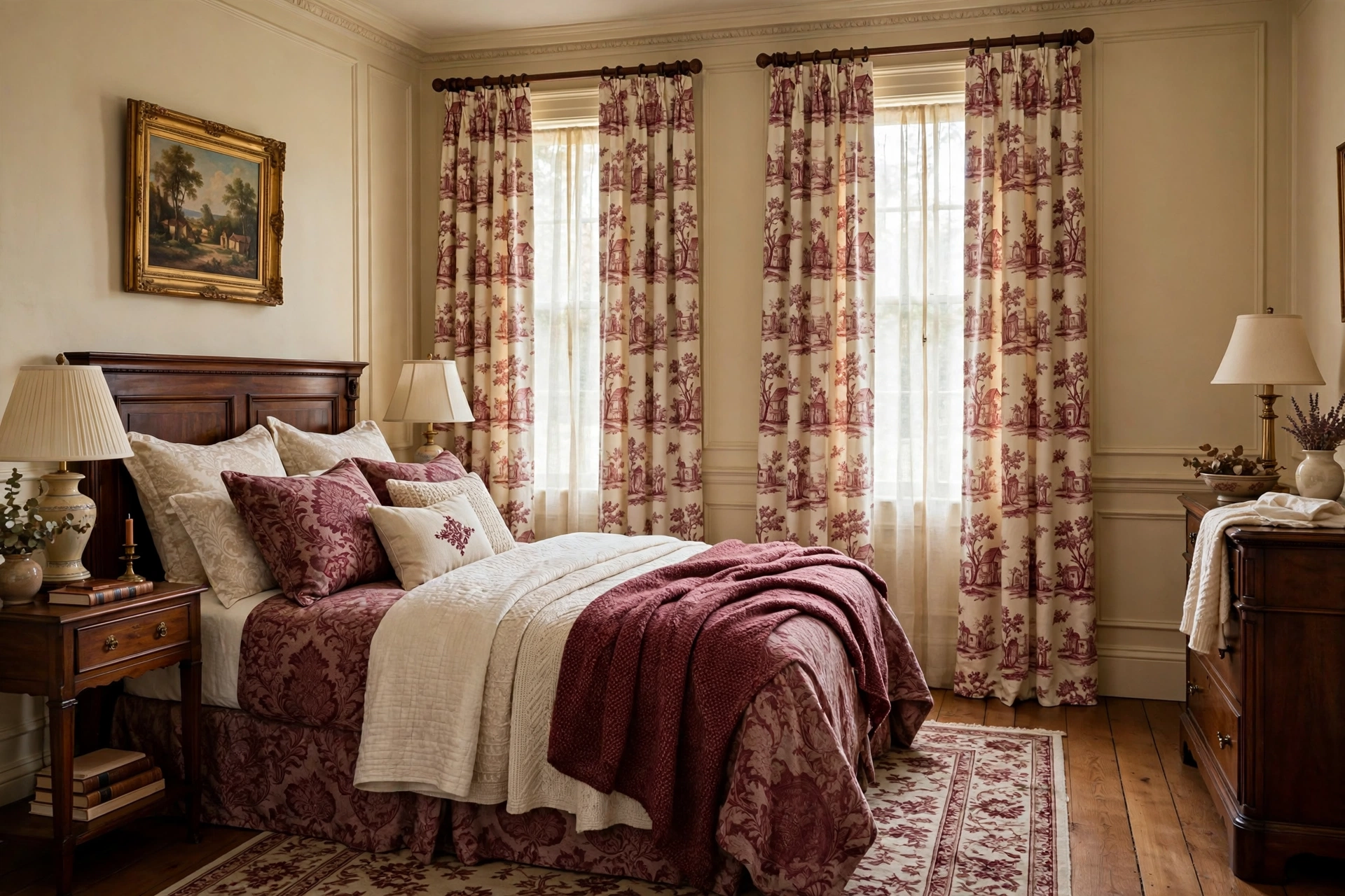Traditional bedroom design ideas with toile curtains, damask bedding and layered classic textiles