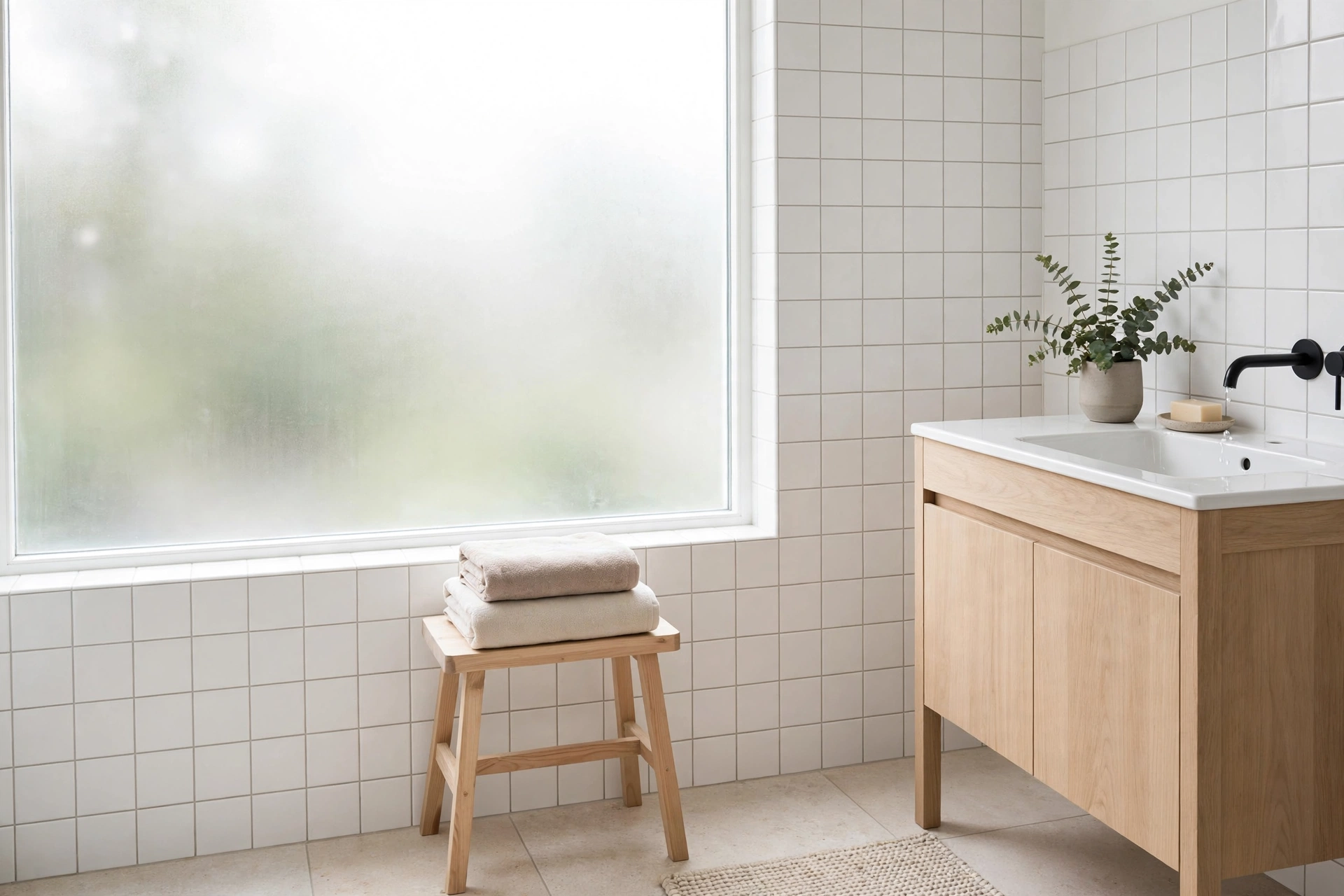 Scandinavian bathroom design ideas with a large window flooding the bathroom with daylight