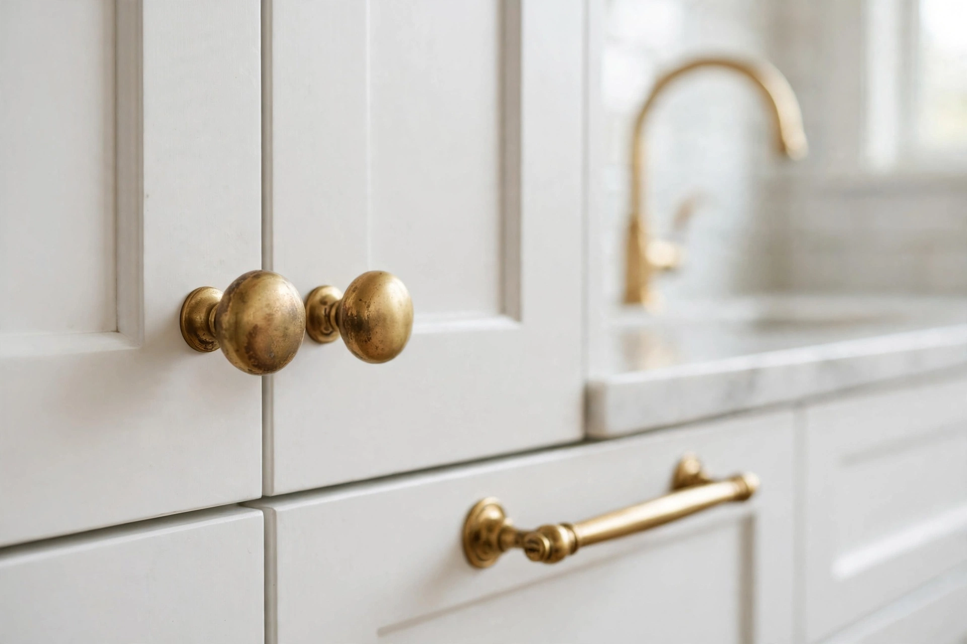 Brass cabinet knobs and faucet detail on crisp white kitchen cabinets