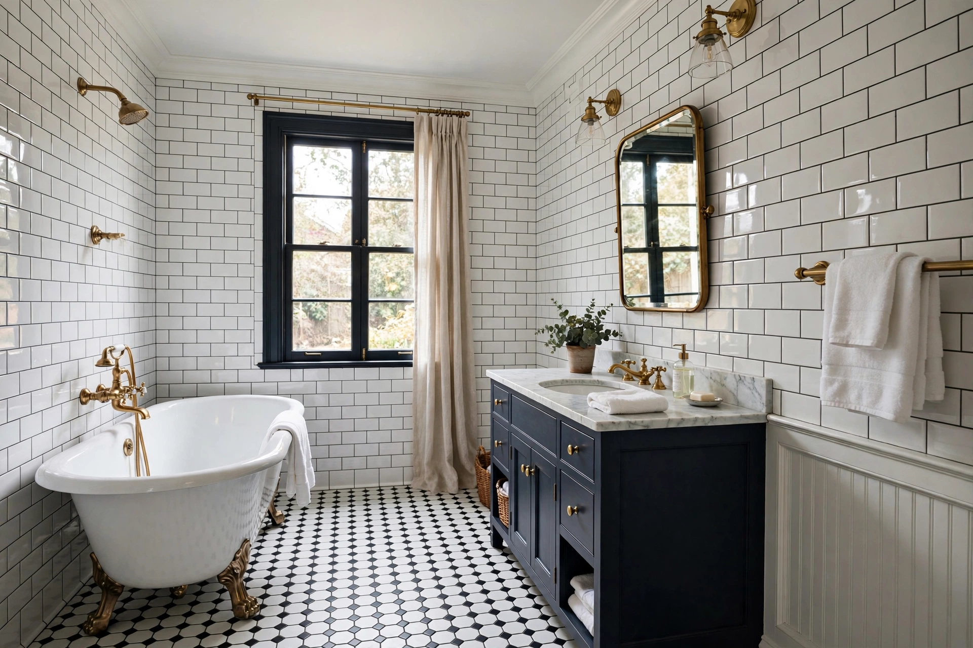 Traditional bathroom with white subway wall tile and hexagonal black and white floor tile