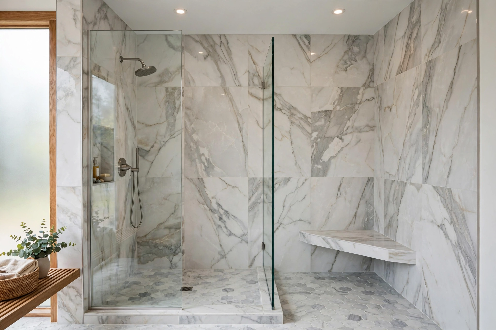 Tiled built-in shower bench in a walk-in shower with marble walls