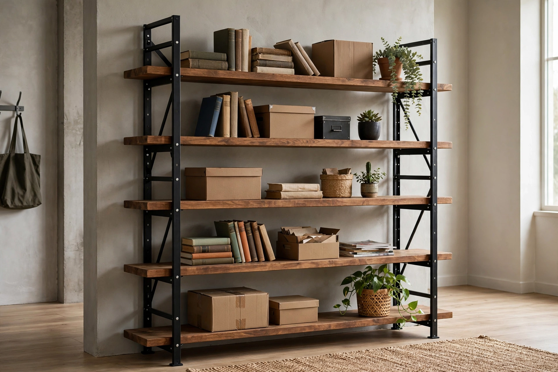 Black metal industrial shelving with wood shelves styled with books and plants