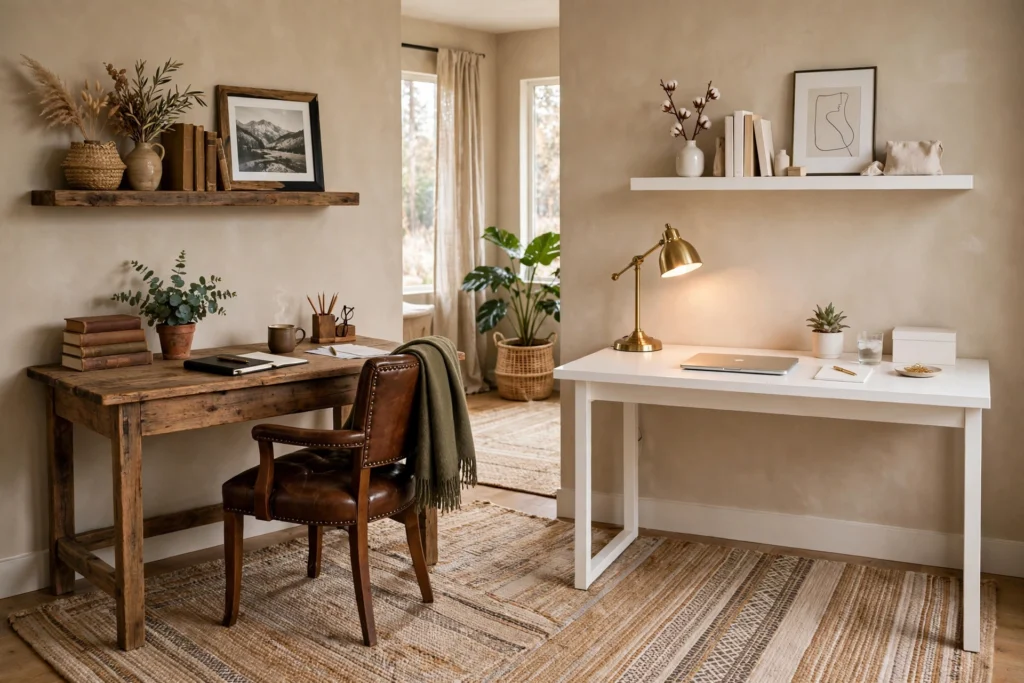 Shared home office with his-and-hers styled desk zones on opposite walls