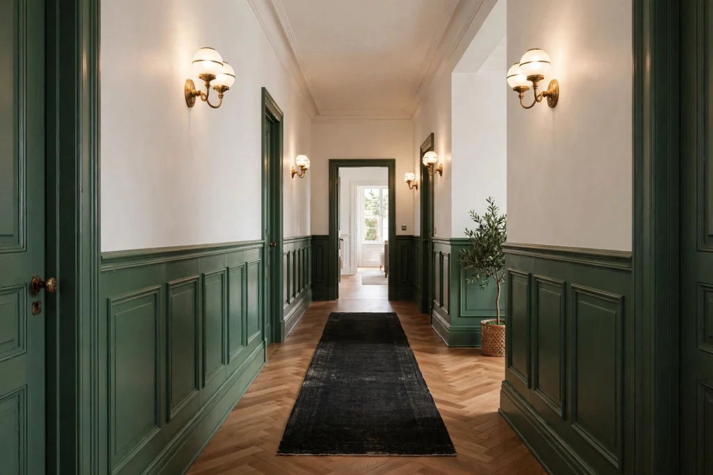 Hallway with deep green board-and-batten wainscoting and warm white upper walls