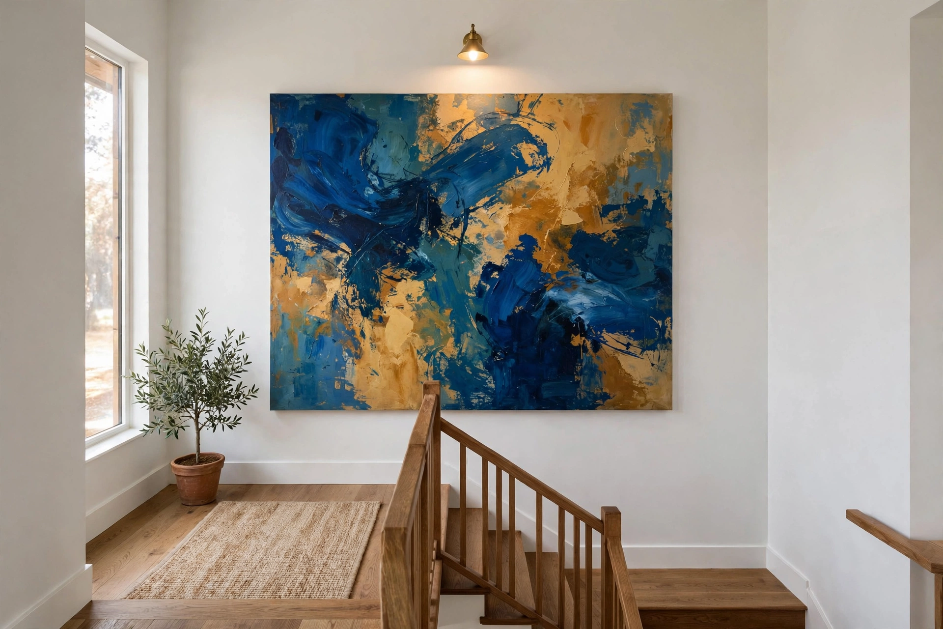 Oversized abstract canvas art hanging as a statement piece on a tall stairwell landing wall