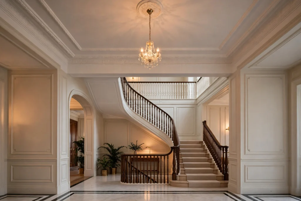 Entryway lighting ideas with a small crystal chandelier glowing in a high-ceiling foyer