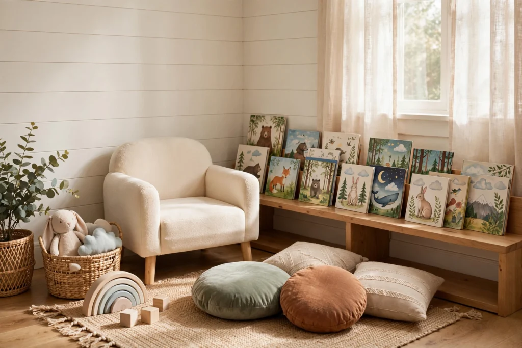Playroom design ideas with a cozy reading nook, floor cushions and forward-facing books
