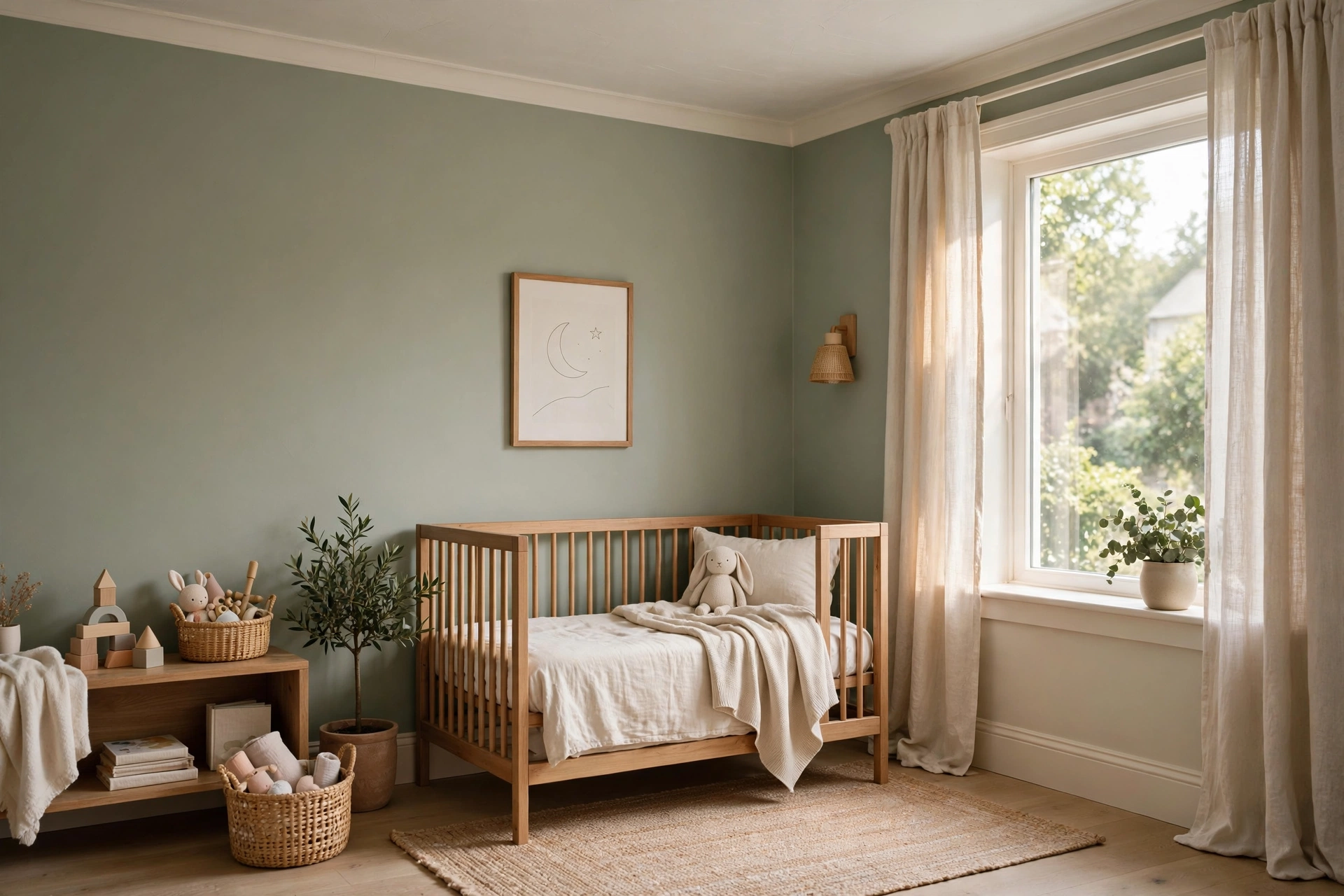 Toddler bedroom design ideas with soft sage walls and calming neutral decor