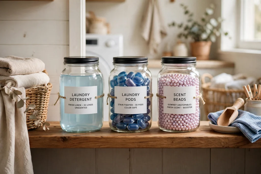 Matching labeled glass jars of laundry detergent and supplies lined up on a laundry room shelf