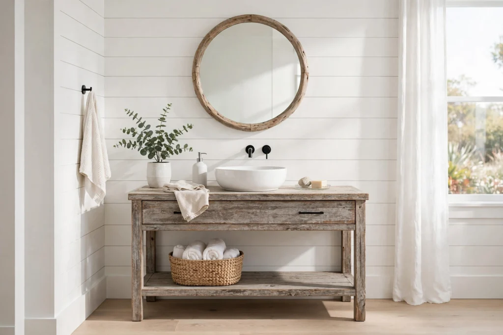 Weathered driftwood-finish wood vanity with white vessel sink in coastal bath