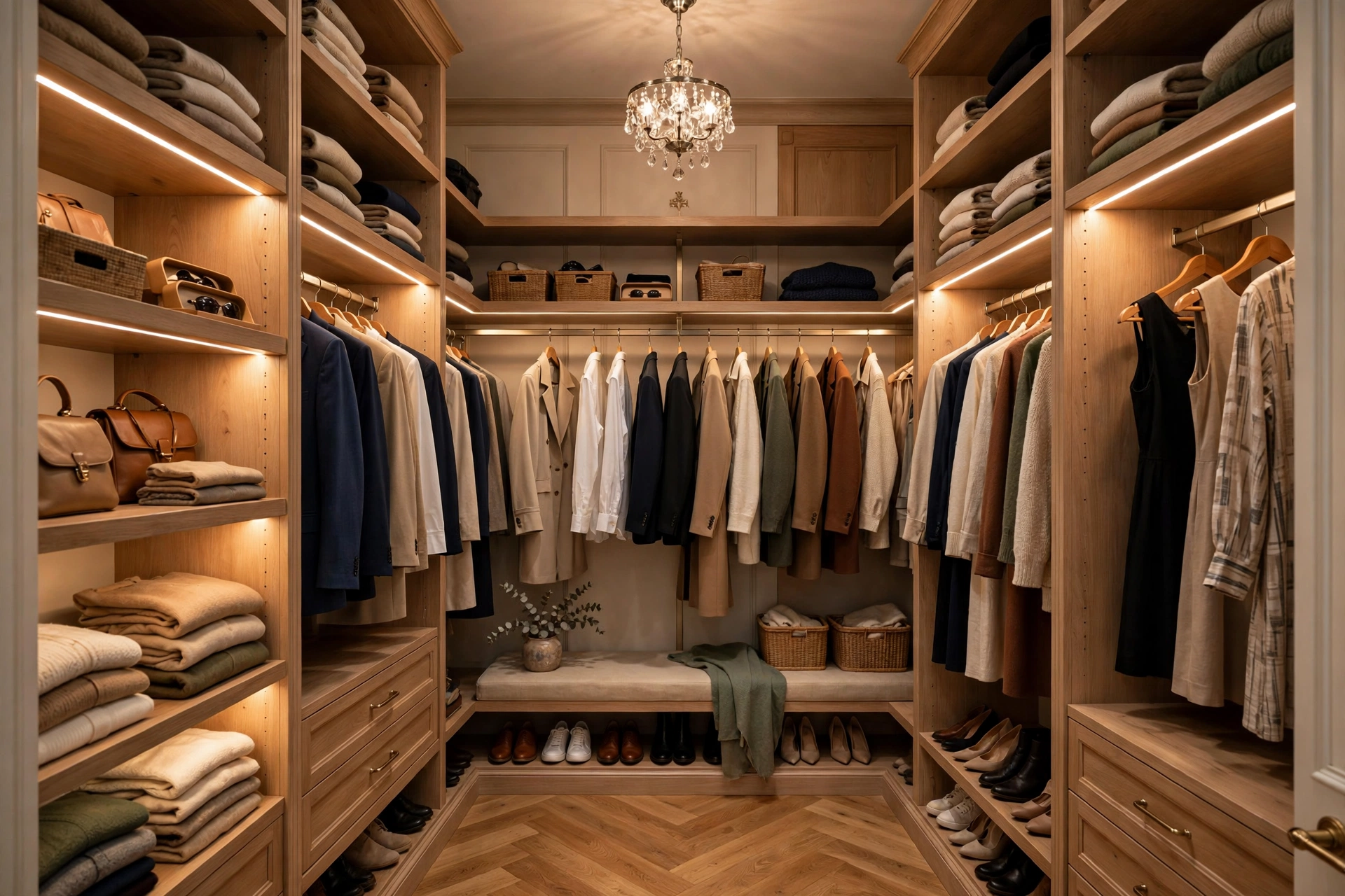 Walk-in closet with warm LED shelf lighting and a small chandelier glowing overhead