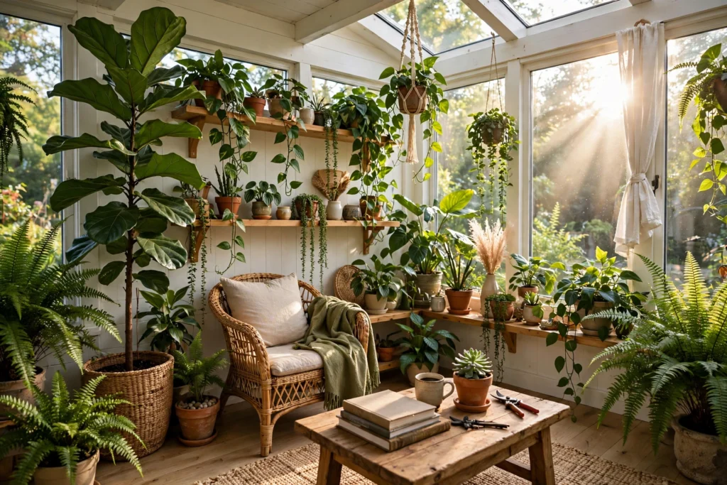 Sunroom filled with lush houseplants at every height, tall fiddle-leaf fig and trailing pothos