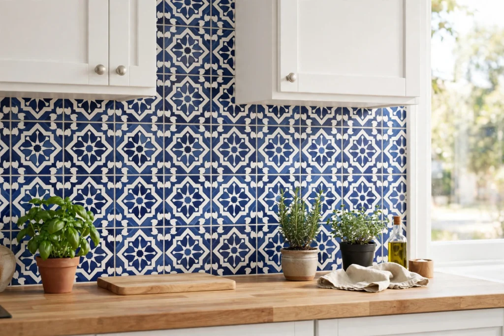 Kitchen backsplash ideas with bold Moroccan patterned cement tiles and white shaker cabinets.