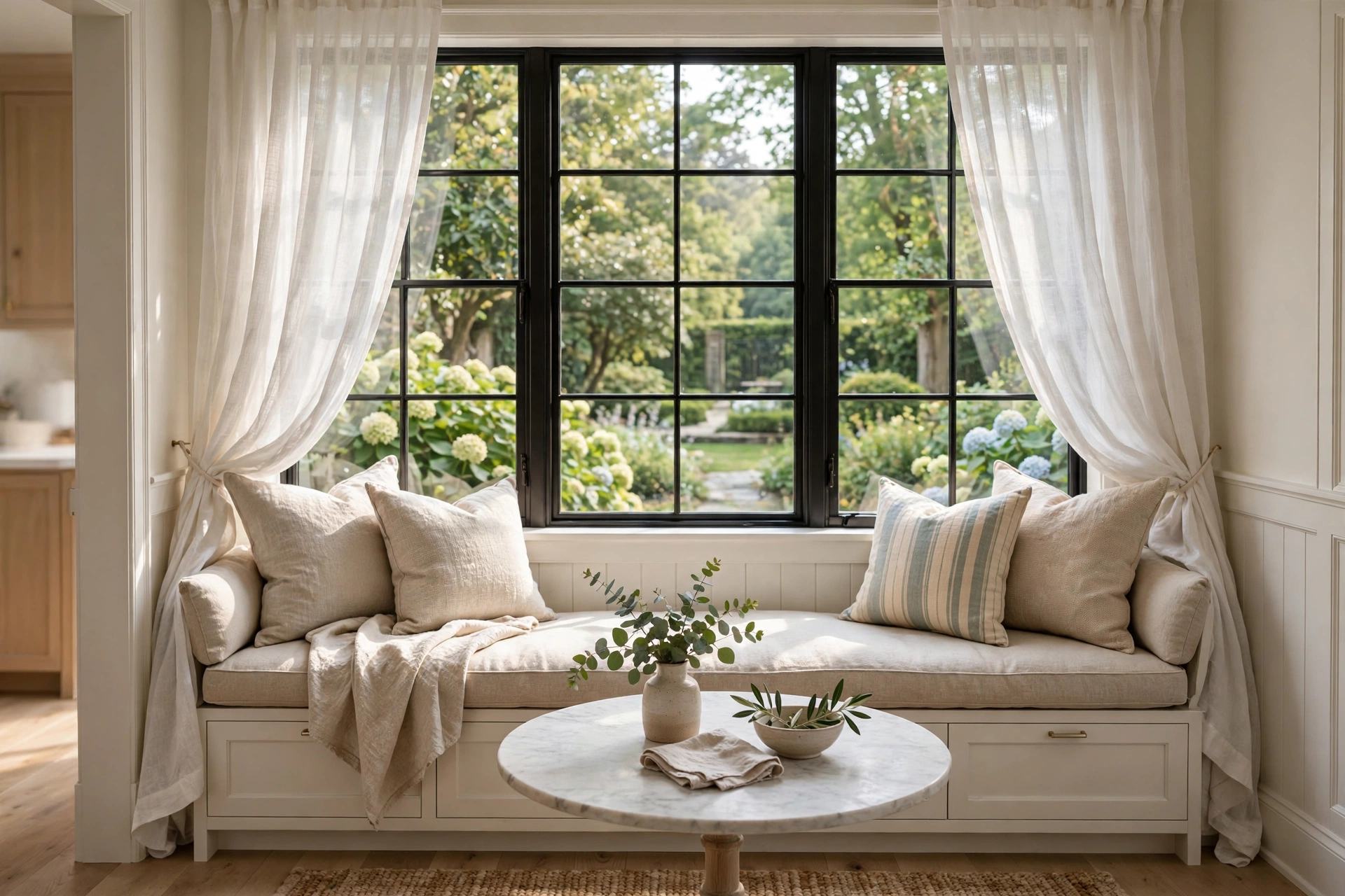 Breakfast nook ideas with a cushioned window seat and small round table in morning light.